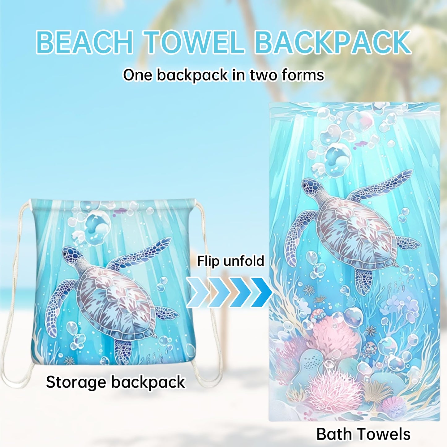 Senshuomy 2-in-1 Beach Towel Bag, Convertible Drawstring Beach Towel Backpack, Sand Free Quick Dry Microfiber Beach Towel for Adults