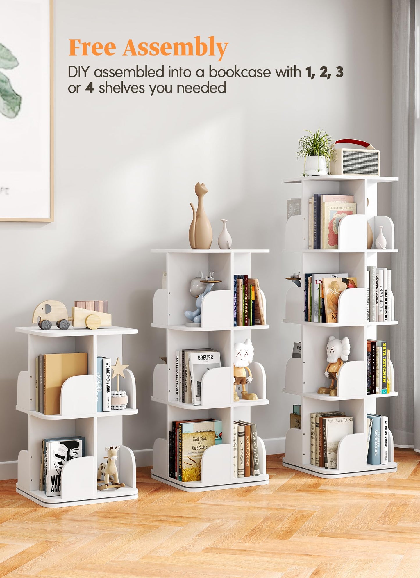 4 Tier Rotating Bookshelf Kids Adjustable Tiers Square Revolving Bookcase