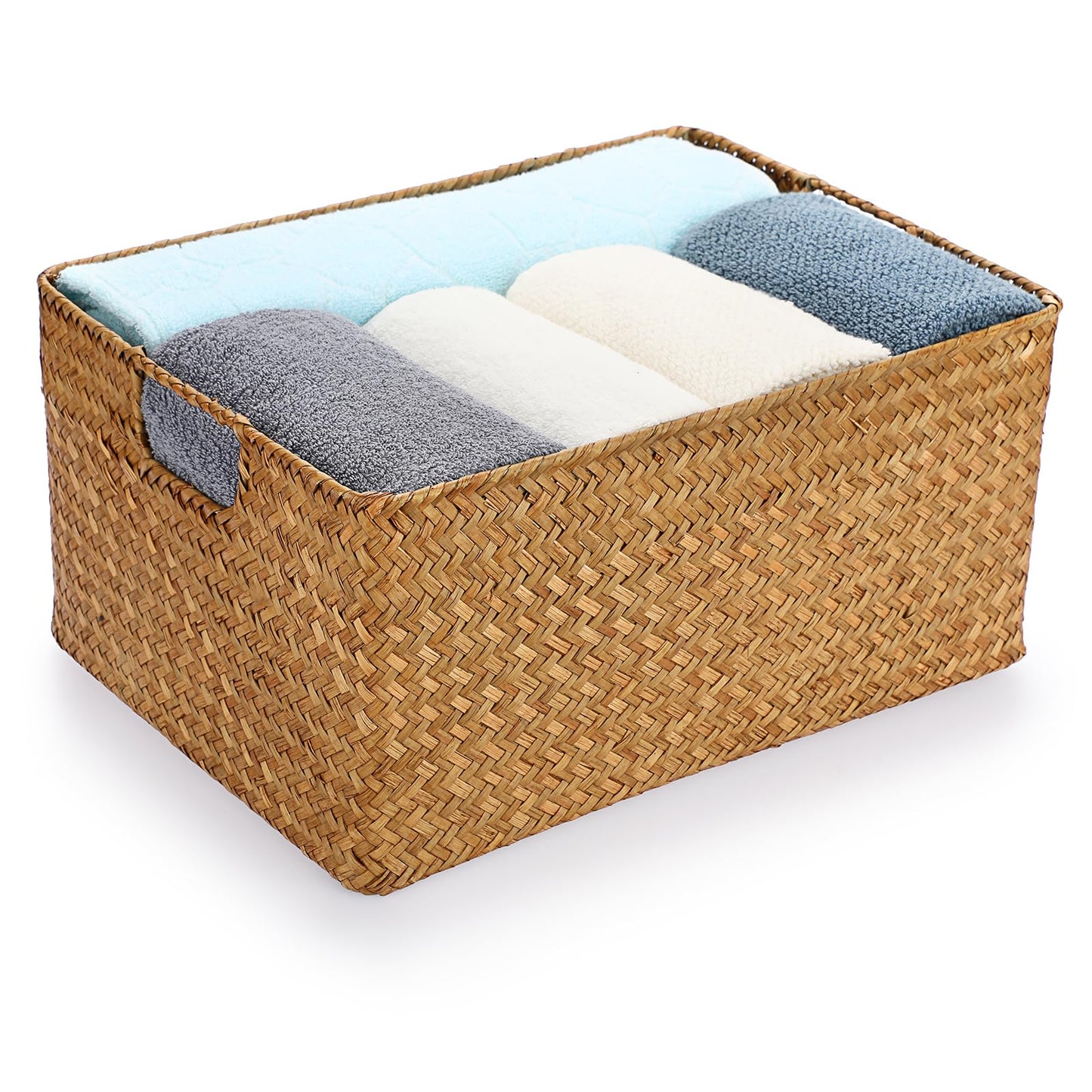 IGNPION Seagrass Storage Opened Basket Living Room Decorative Baskets Woven Wicker Towel Basket Rectangular Bathroom Storage Organiser Box
