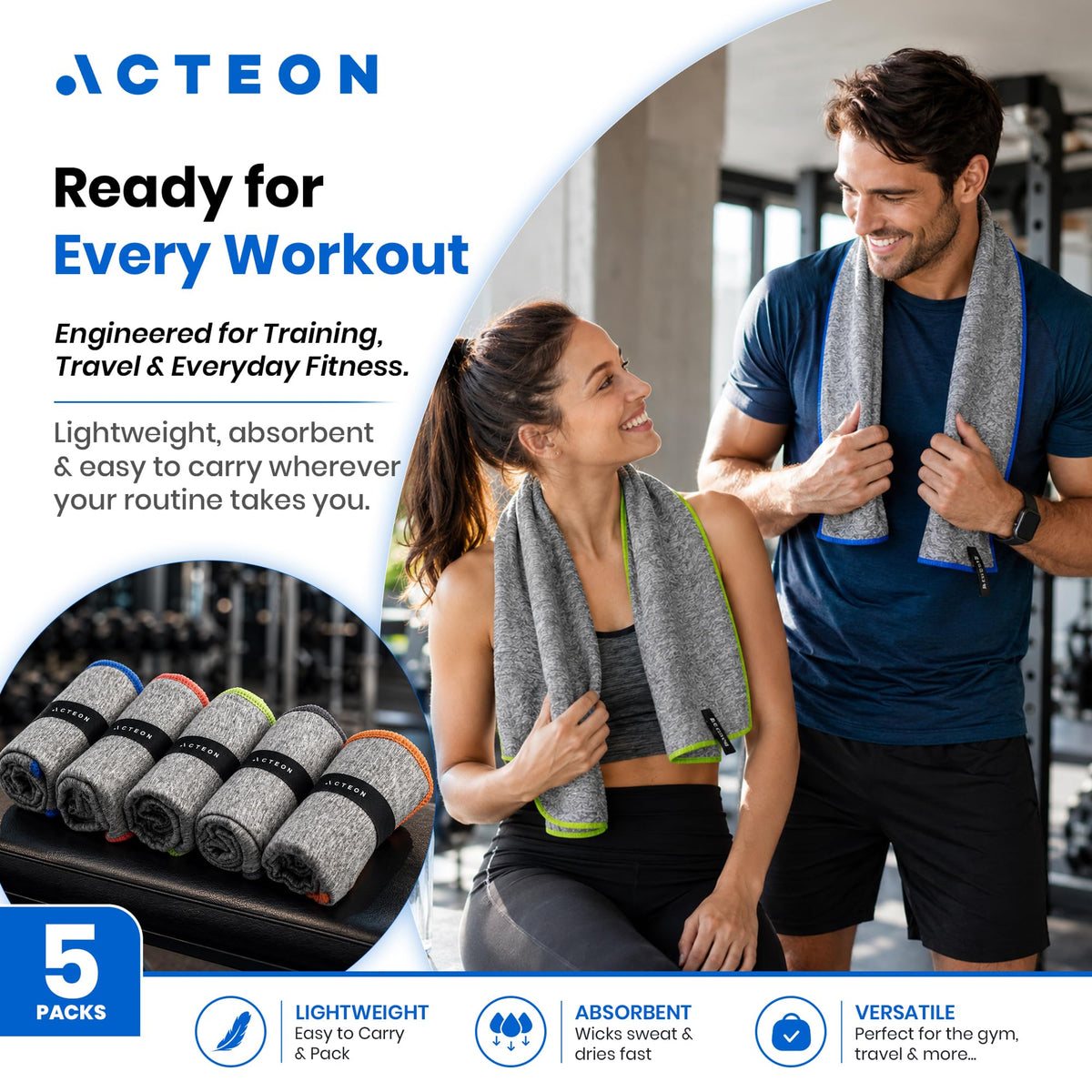 Acteon Microfiber Quick Dry Gym Towel, Silver ION Odor-Free Mega Absorbent Fiber (5-Pack), Fast Drying, Men & Women Small Workout Gear for Body Sweat
