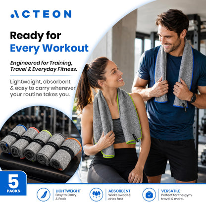Acteon Microfiber Quick Dry Gym Towel, Silver ION Odor-Free Mega Absorbent Fiber (5-Pack), Fast Drying, Men & Women Small Workout Gear for Body Sweat