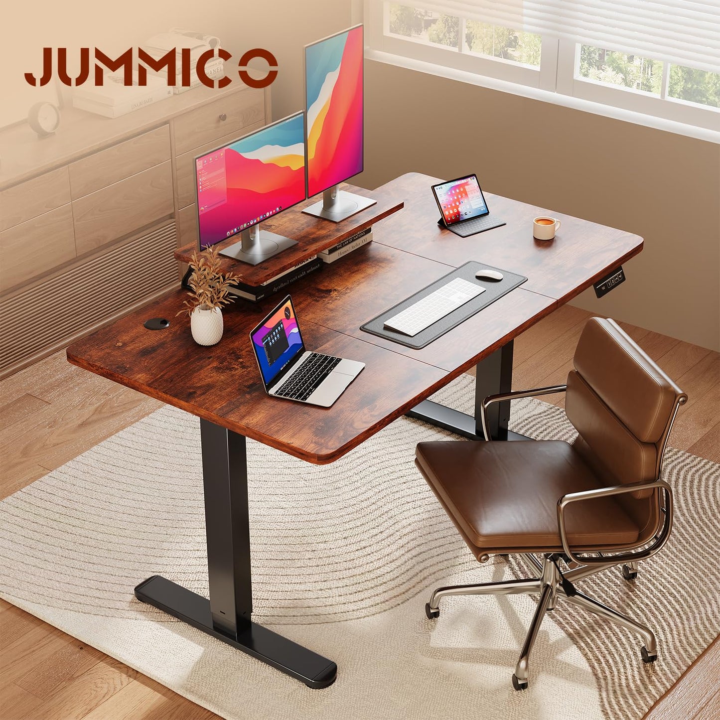 JUMMICO Electric Standing Desk with Monitor Stand, 120x60cm Height Adjustable Desk, Office Table with 2 Memory Smart Pannel,Rustic Brown