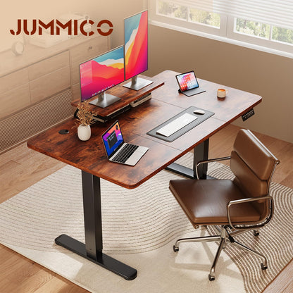 JUMMICO Electric Standing Desk with Monitor Stand, 120x60cm Height Adjustable Desk, Office Table with 2 Memory Smart Pannel,Rustic Brown