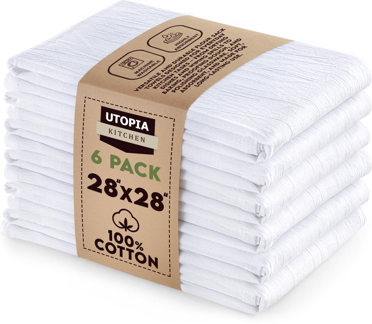Utopia Kitchen White Flour Sack Towels [6 Pack - 28 x 28 Inch] 100% Cotton Tea Towels for Cleaning & Drying - Highly Absorbent Kitchen Dish Cloth