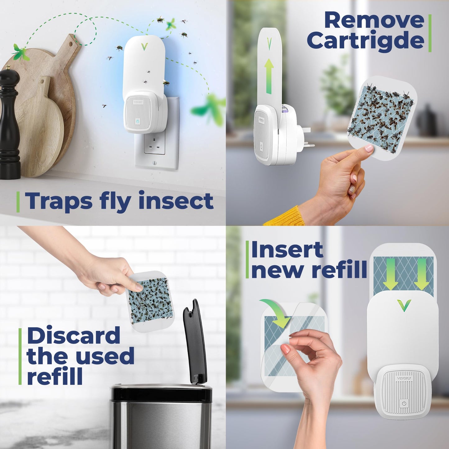 VEYOFLY Fly Trap Indoor, Fruit Fly Traps for Indoors, (4 Device + 12 Refills) Gnat Traps for House Indoor, Fly Catcher Indoor, Safer Plug in Light