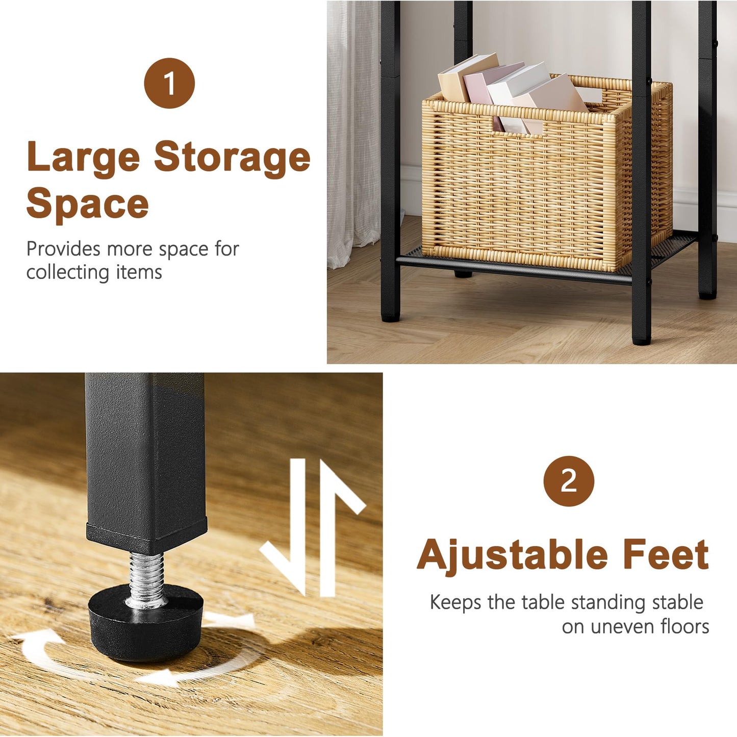 Hoctieon 2-Set 3 Tier End Table, Telephone Table Set of 2, Tall Side Table with Storage Set of 2, Small Nightstand for Small Spaces, Metal Frame
