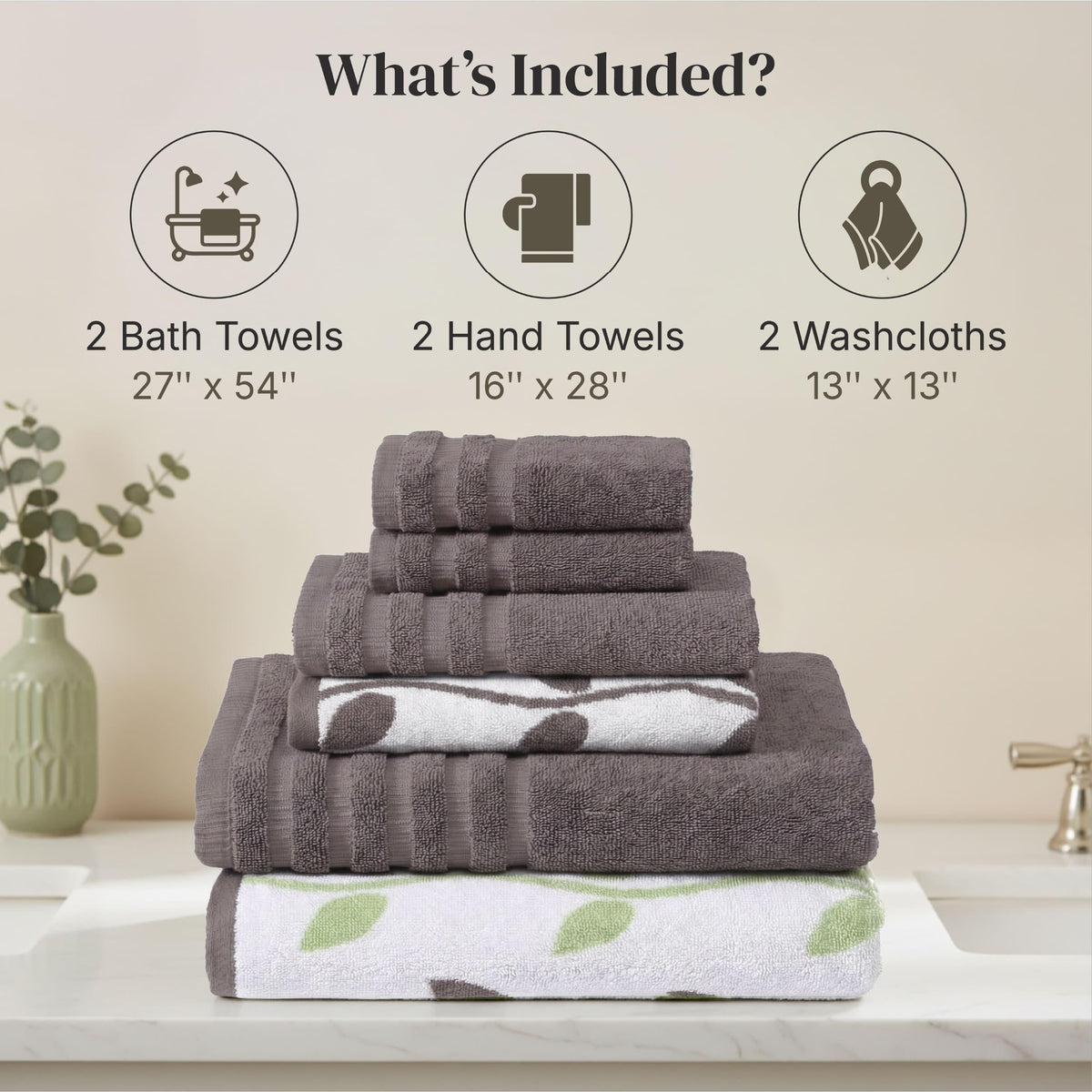 Pacific Coast Textiles 6 Pc Yarn Dyed Towel Organic Vines Ash Grey, 6-Piece