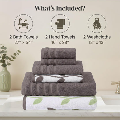 Pacific Coast Textiles 6 Pc Yarn Dyed Towel Organic Vines Ash Grey, 6-Piece