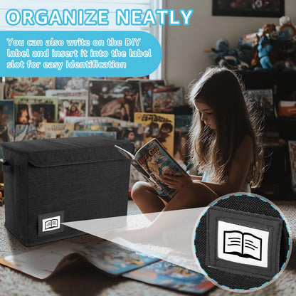 Jokapy Comic Book Storage Box with Lid 15.74x7.87x11.8 inch Foldable Storage Basket with Handles Label Slot Comic Book Organizer Boxes Storage