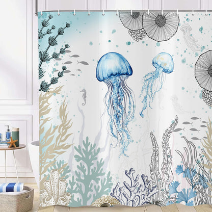 ASDCXZ Jellyfish Shower Curtain 180x200 cm, Watercolor Jellyfish Underwater Coral Summer Ocean Nautical Waterproof Bath Curtain Polyester Textile