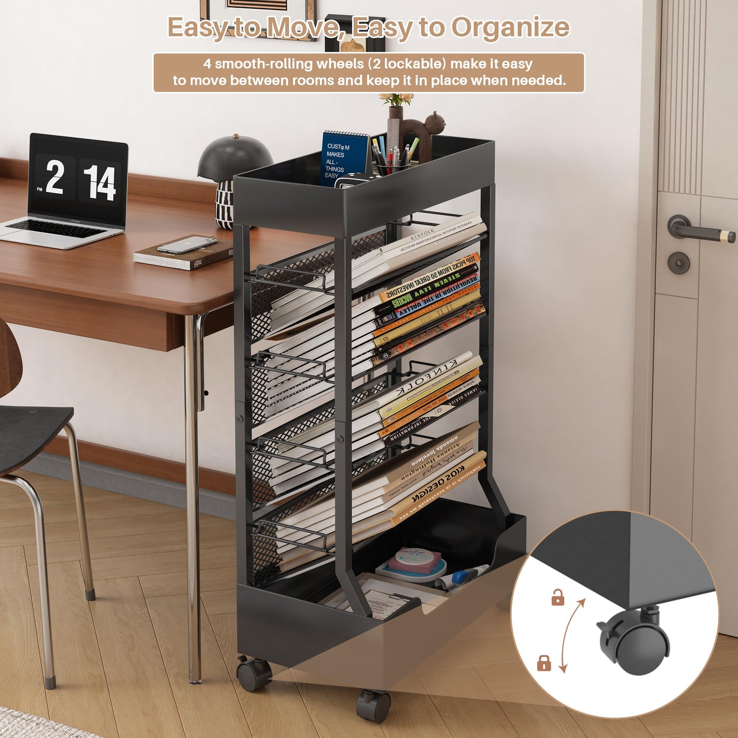 Ornestia Metal Book Trolley, Mobile Storage Bookcase with Wheels(Black)
