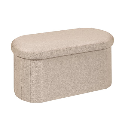 Bonlife Folding Ottoman Storage Bench, Boucle Footstool Oval, End of Bed Stool, 90L Storage Space, Ideal for Living Room, Bedroom, 76x38x38cm, Beige