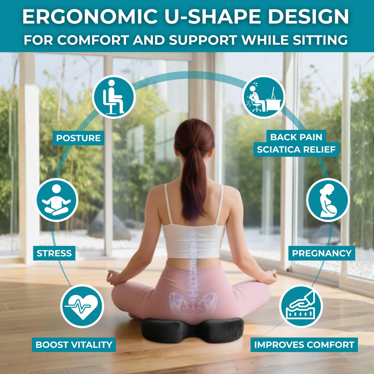 Famjoy Memory Foam Seat Cushion – Ergonomic U-Shaped Support for Back, Hip & Tailbone Pain Relief – Washable Non-Slip Cover – Black
