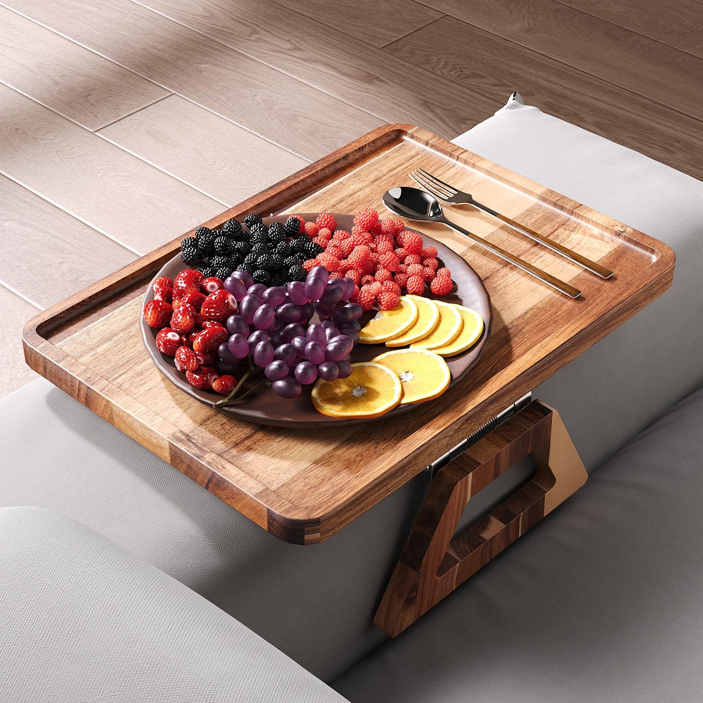 Fibogollo Acacia Wood Sofa Tray,Folding Couch Arm Tray,Sofa Armrest Trays Table Clip-On Couch Desk for Drinks,Snacks,Phone,Remote Control