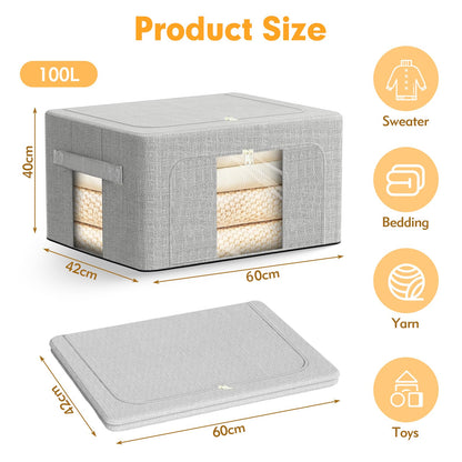 AIOR 3PCS 100L Clothes Storage Bags with Metal Frame, Foldable Fabric Storage Boxes with Clear Windows for Blankets Bedding Comforters