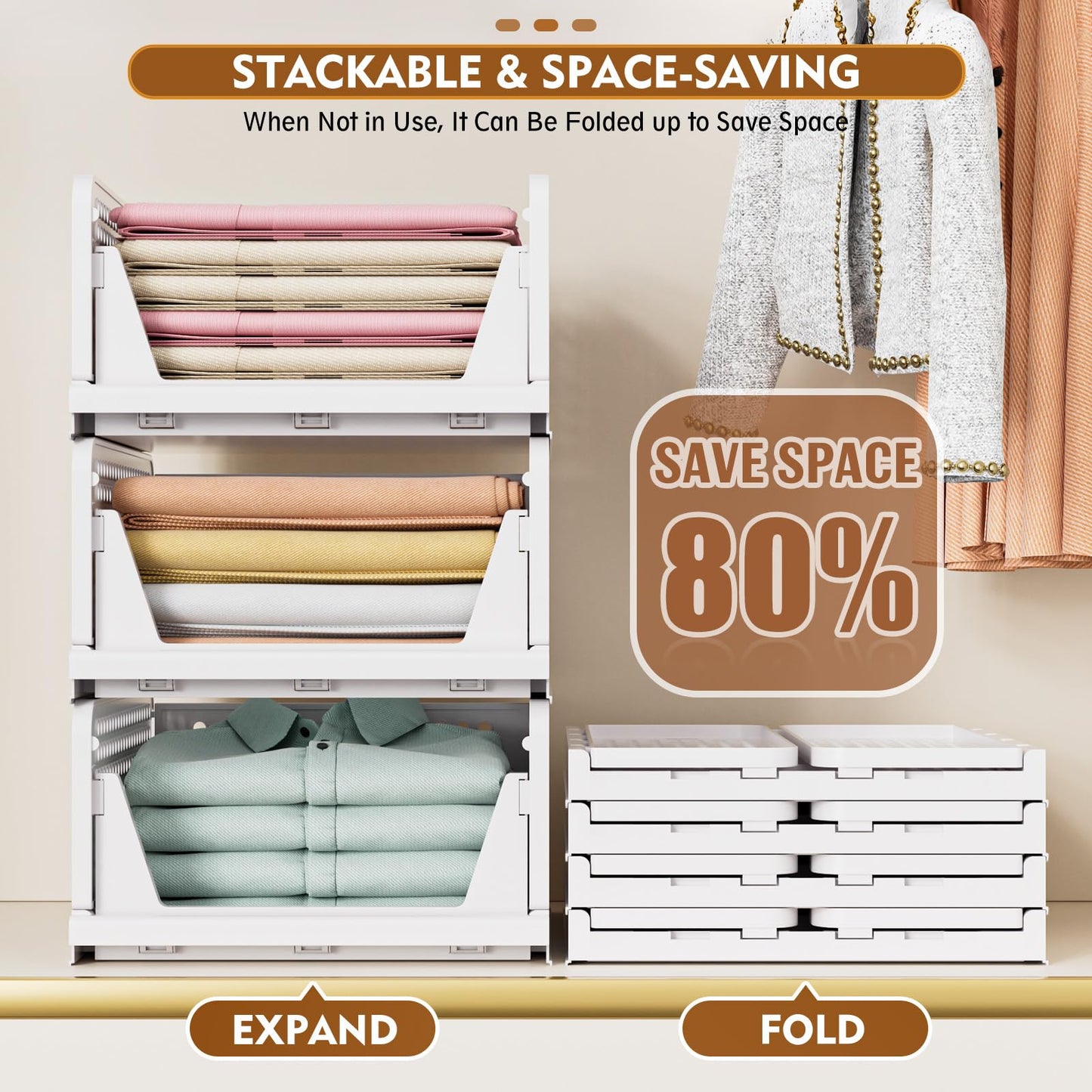 SNSLXH 𝟴𝗣𝗰𝘀 Folding Stackable Closet Storage,Space-Saving Wardrobe