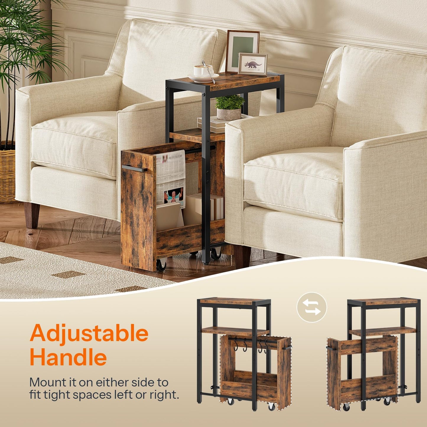HOOBRO Narrow Side Table, 3-Tier Slim End Table with Pull-Out Drawer for Small Spaces, Industrial Storage Shelf with Wheeled Drawer for Living Room