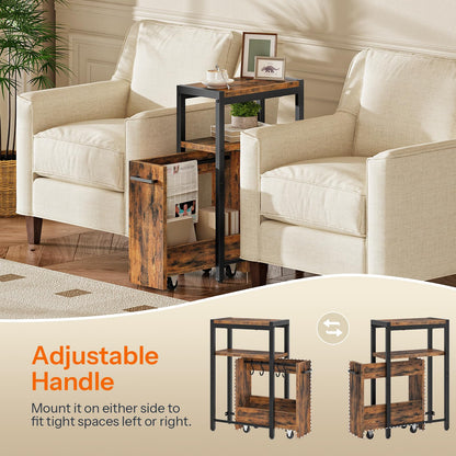 HOOBRO Narrow Side Table, 3-Tier Slim End Table with Pull-Out Drawer for Small Spaces, Industrial Storage Shelf with Wheeled Drawer for Living Room