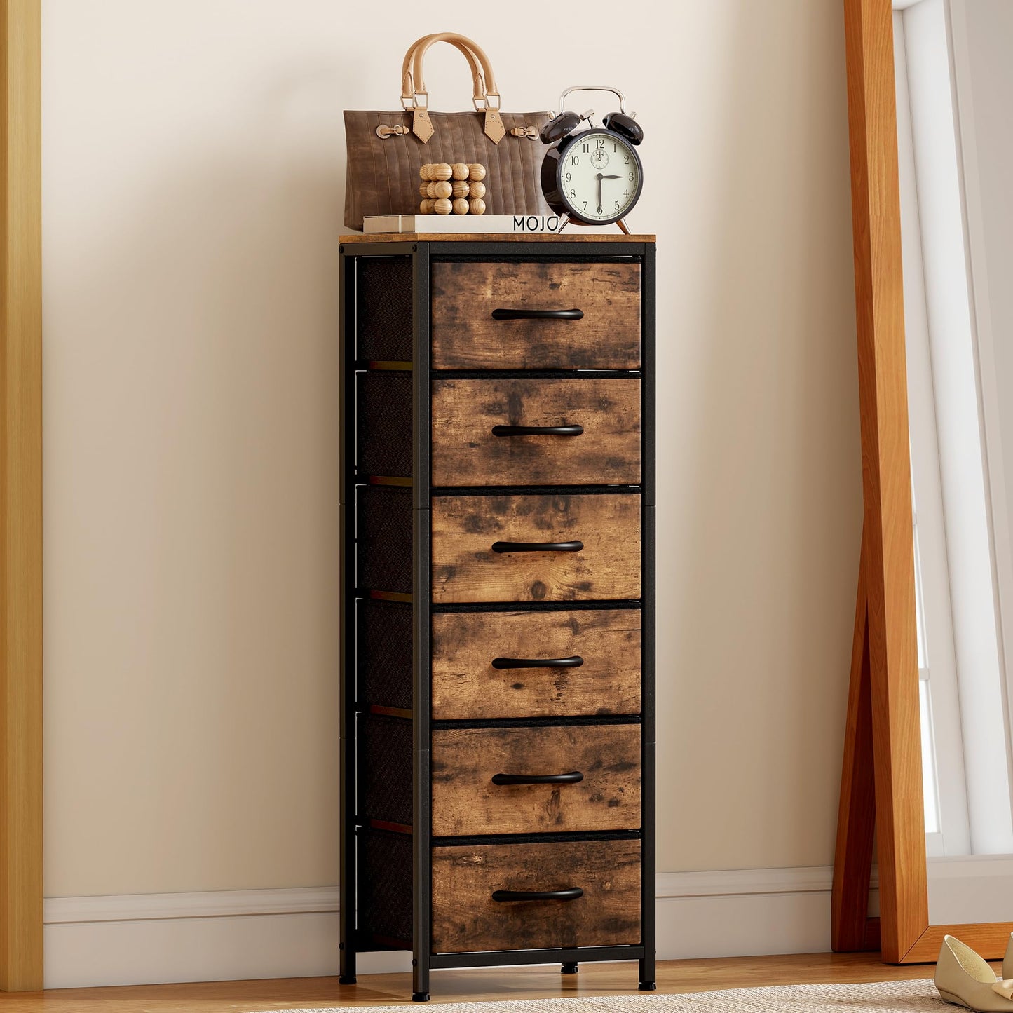 Turosur Chest of Drawers, Tall Chest of Drawers with 6 Fabric Drawers, Fabric Dresser for Bedroom, Living Rooms, Entryway Hallway