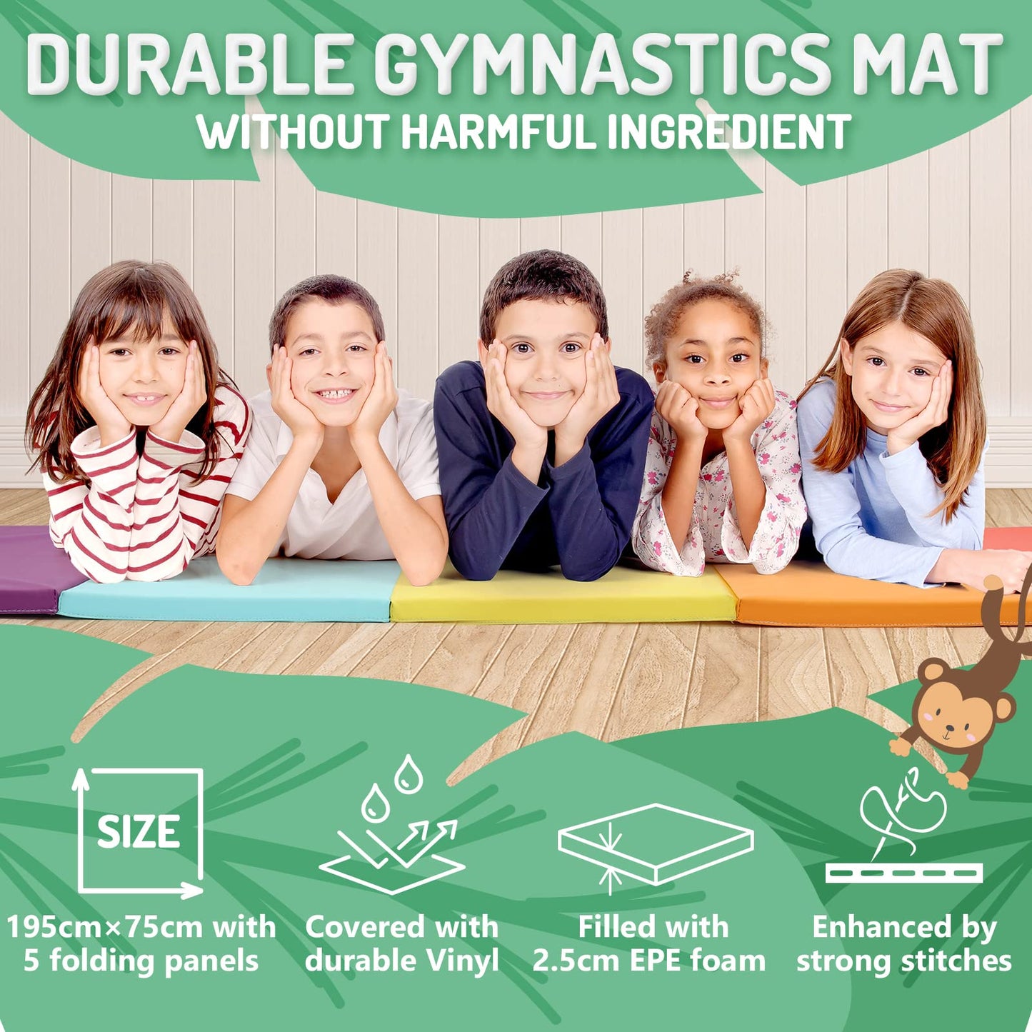 PhysKcal 5-Panel Folding Gymnastics Tumbling Mat with Carrying Handles, Thick Exercise Mat, Foldable for Kids, Padding MMA, Gymnastics, Activity Play