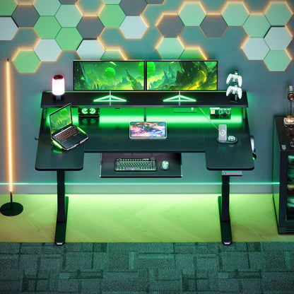 OffiGo Standing Desk, 120cm U Shaped Desk with LED Lights & Power Outlets