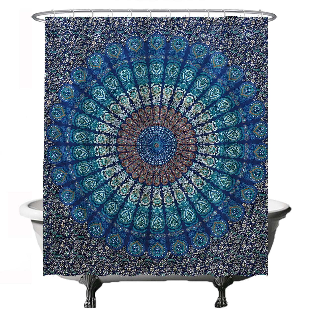 Ulticool Mandala Shower Curtain, 180 x 200 cm, Washable, Anti-Mildew Waterproof, with 12 Rings, Blue