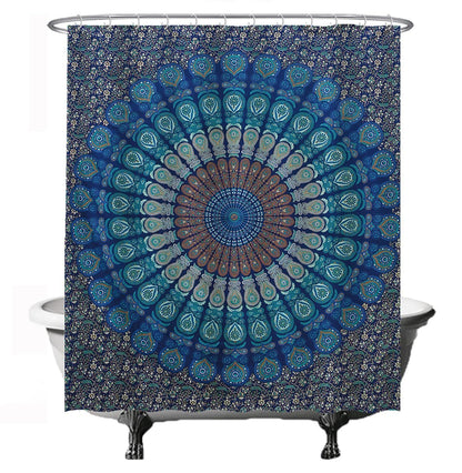 Ulticool Mandala Shower Curtain, 180 x 200 cm, Washable, Anti-Mildew Waterproof, with 12 Rings, Blue