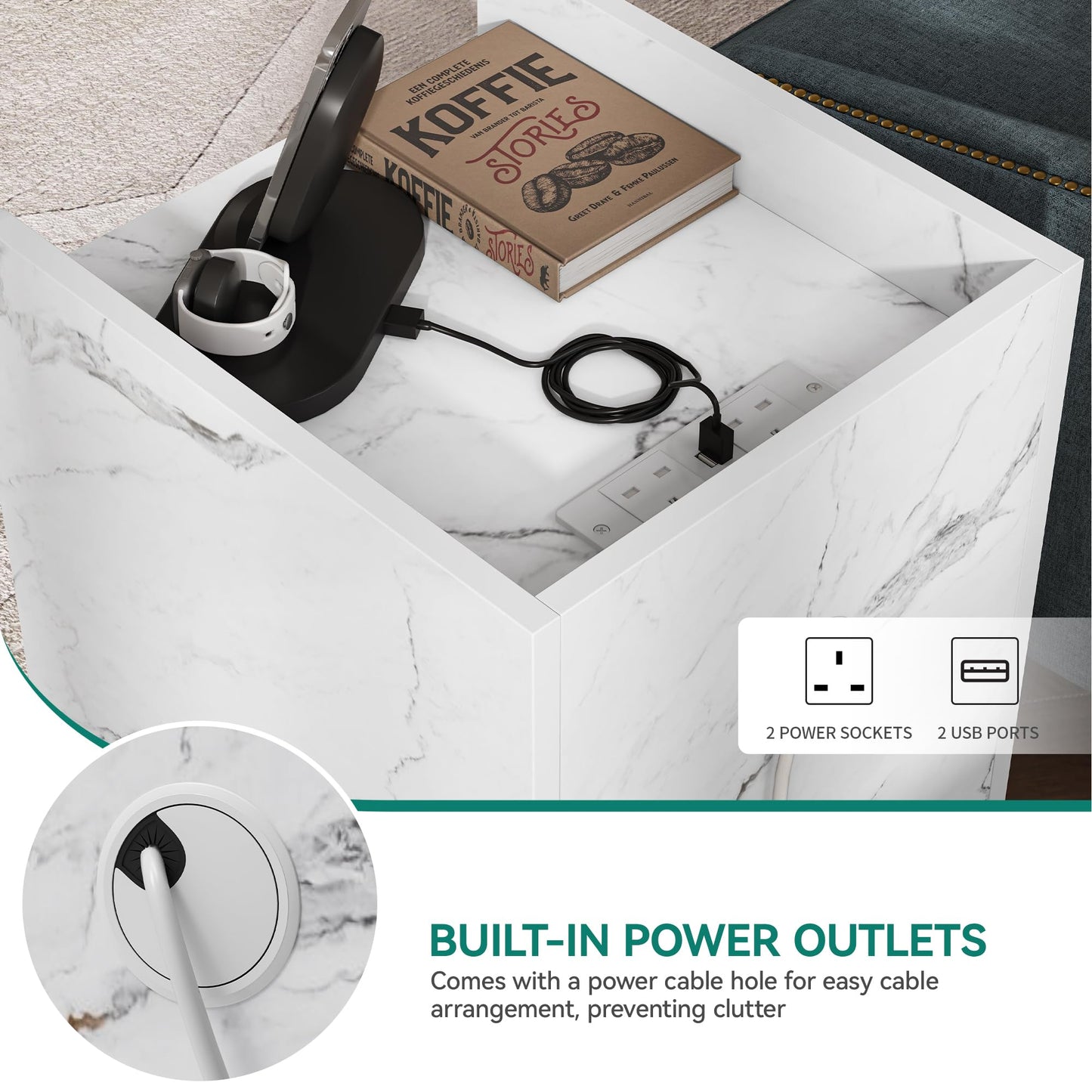 YITAHOME Bedside Table with 3 Drawers and Power Station, Modern Nightstand End Table, Water-Resistant Storage Side Table for Living Room and Bedroom