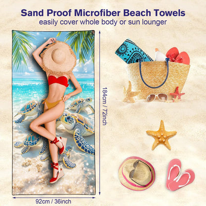 Violetpos Sea Turtle Family Beach Towel, Extra Large 180x90 cm 250GSM Microfibre, Sand Free Quick Dry