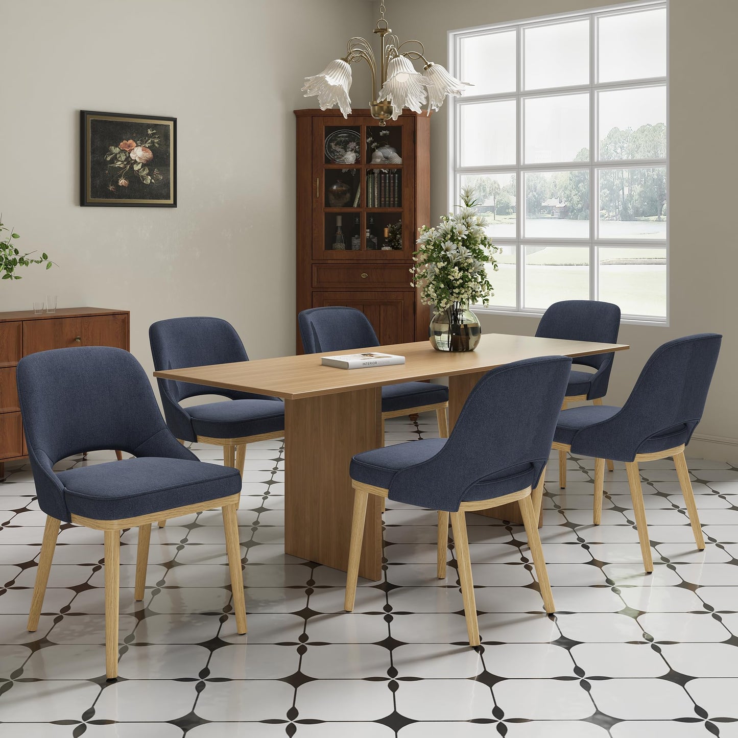 Dining Chairs Set of 6, Upholstered Dining Room Chairs with Chenille Fabric, Ergonomic Backrest, High Density Cushion & Rubber Wood Frame