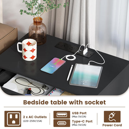 Gurexl Ripple Bedside Tables with 2 Power Outlet,Bedside Cabinet with Human Sensor,LED Nightstand with 3 Color Lights for Bedroom,Living Room,Black