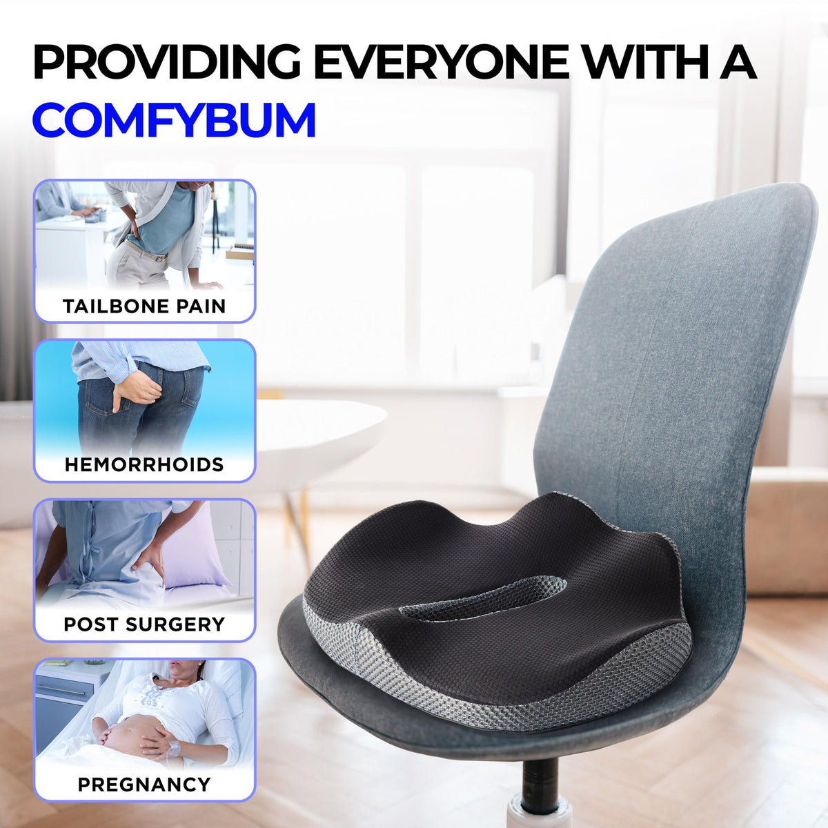 ComfyBums Hemorrhoid Donut Cushion For Coccyx, Tailbone, Piles Pressure Relief - Memory Foam Pillow For Office Chair Seat Ring Cushions