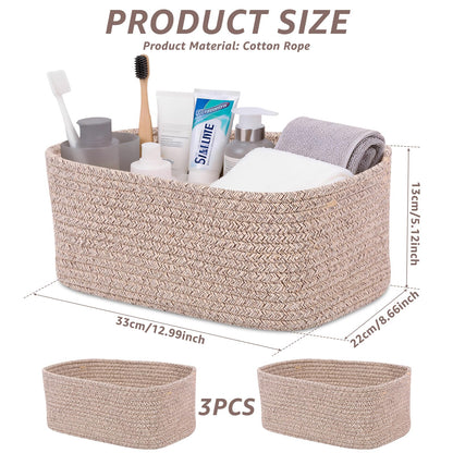 Set of 3 Storage Baskets for Shelves & Nursery, Cotton Rope Woven Basket with Hidden Handle, Empty Baby Gift Baskets