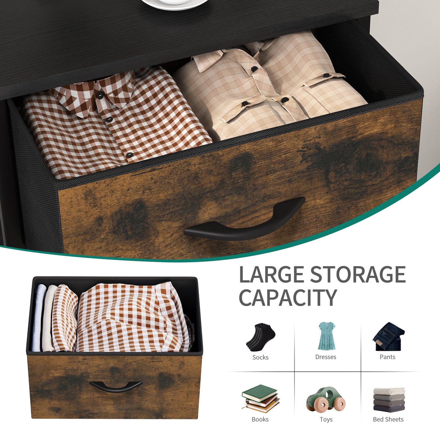 YITAHOME Chest of Drawer with 5 Drawers for Bedroom Fabric Dresser Storage Drawers With Handles Metal Frame for Living Room, Hallway,Rustic Brown