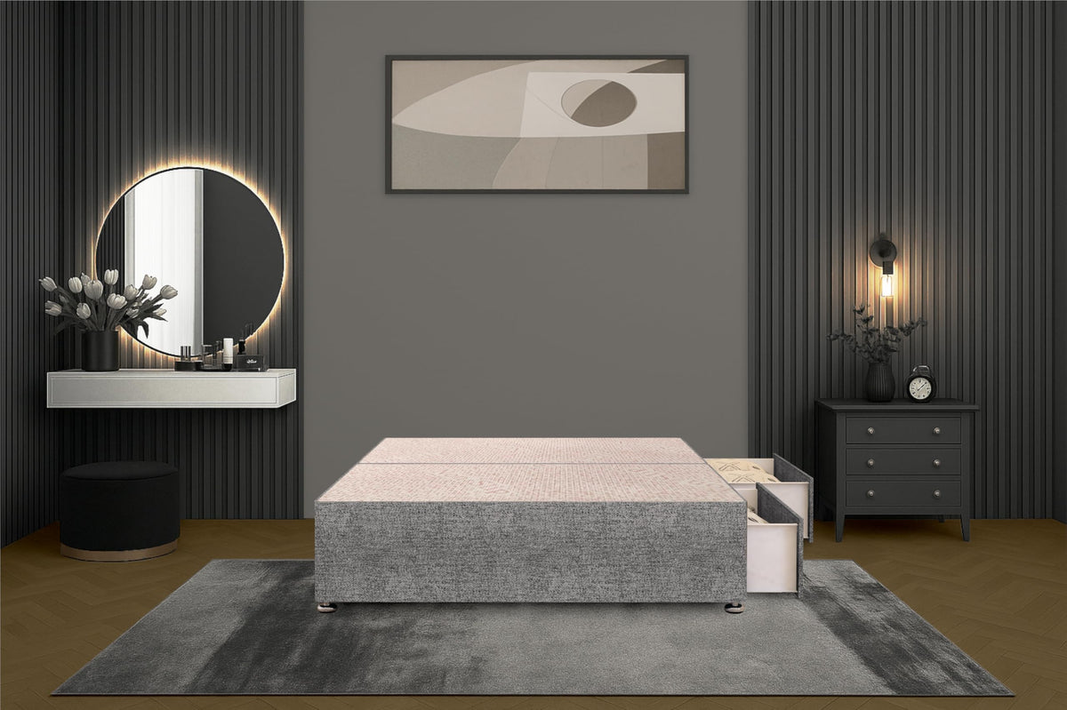 Bed Centre Flexby Divan Bed Base Only with 2 Drawers (Same Side), No Headboard - Available in 3FT, 4FT, 5FT & 6FT (3FT Single, Tweed Grey Fabric)
