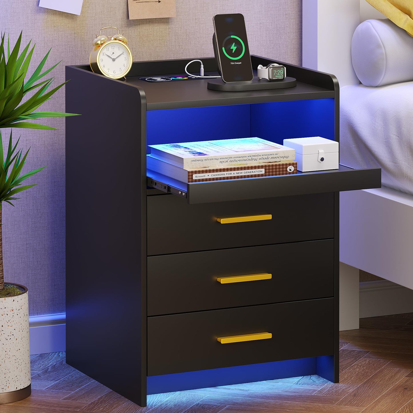 FREDEES Black Bedside Table with Charging Station and Led Lights, Bedside Cabinet with 3 Drawers, Modern Nightstand with Storage for Bedroom, Living