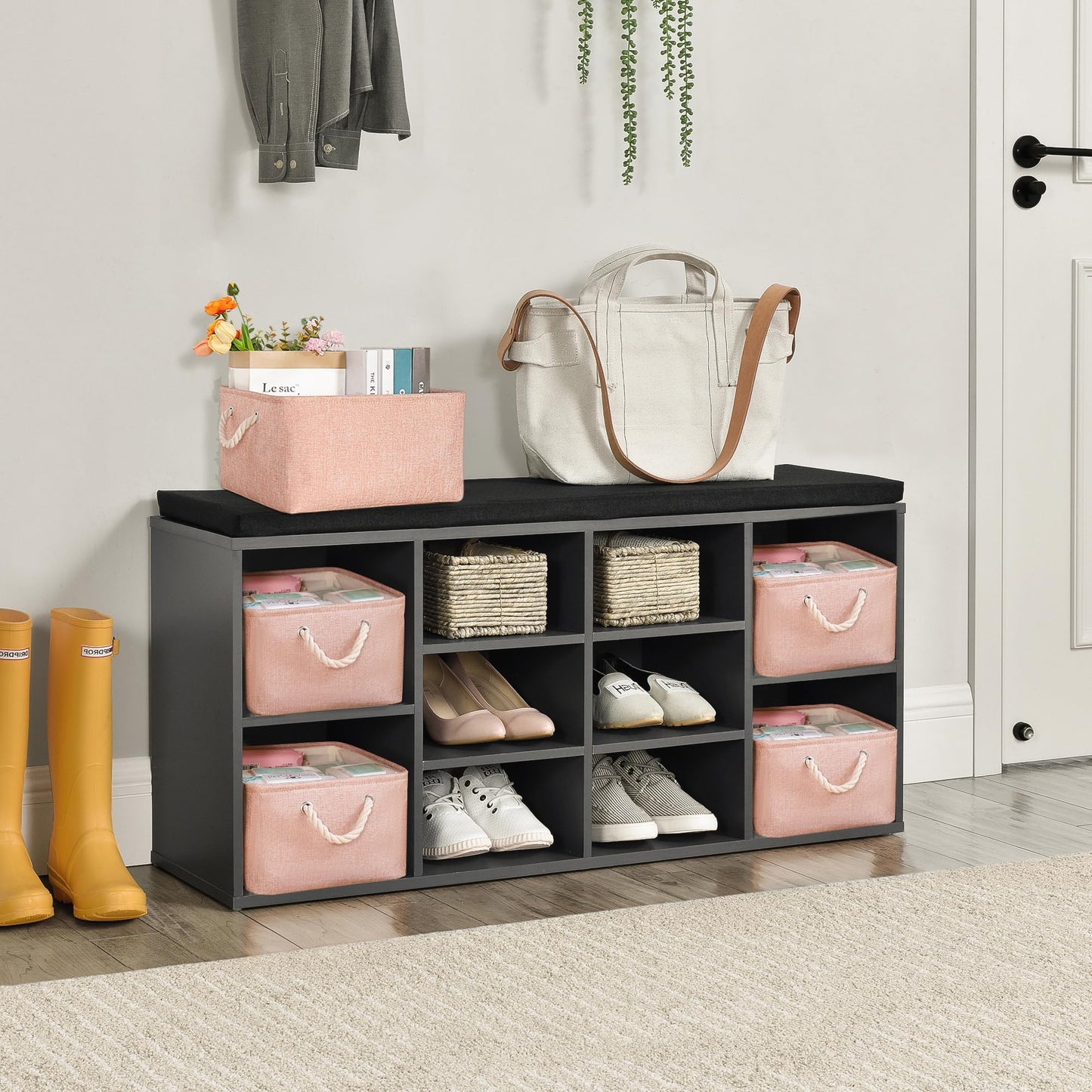 JUNLAI 3 Pcs Storage Baskets with Handles, Foldable Small Pink Storage Boxes, Fabric Wardrobe Storage Basket for Office & Home, Book, Clothes