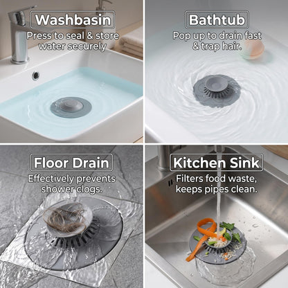 CleaZeny 2-Pack Silicone Press-Type Universal Bath Plug, 10.8cm Grey