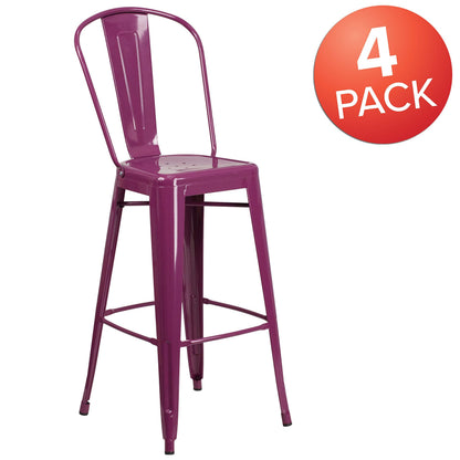 Flash Furniture Blake Commercial Grade 4 Pack 30" High Purple Metal Indoor-Outdoor Barstool with Back