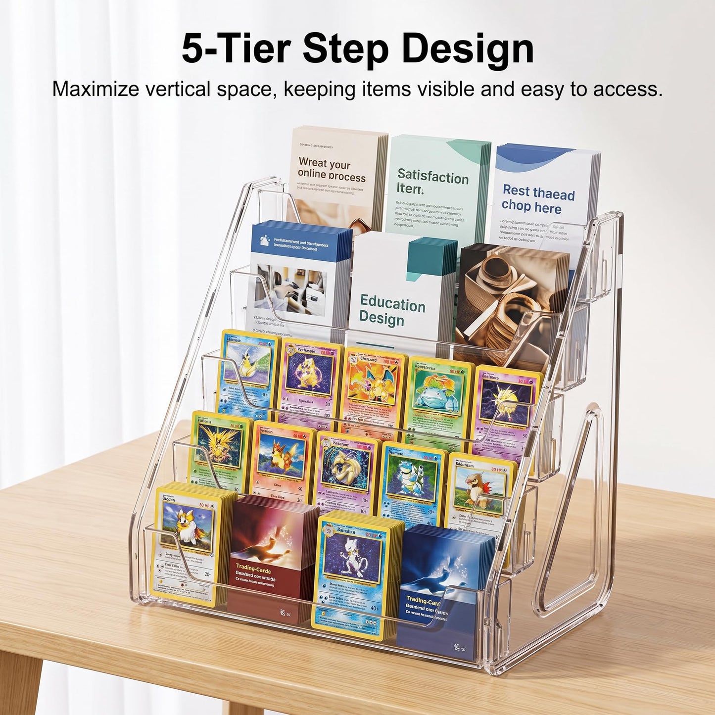 BSLVV 5 Tier Acrylic Display Stand for Trading Cards and Collectibles Clear Vertical Holder with Easy Assembly Perfect for Graded Slabs Postcards