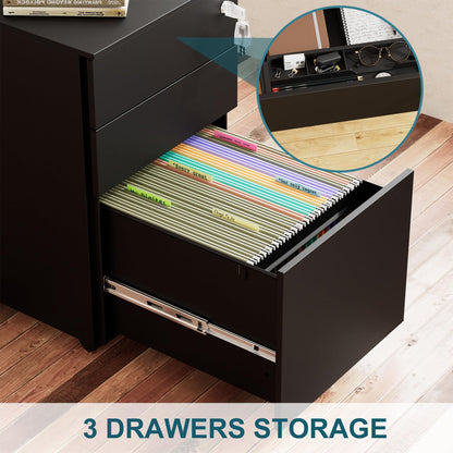 LVSTEEL 3-Drawer Mobile Filing Cabinet with Lock, Steel Office File Cabinet on Wheels, Under Desk Metal Cabinet for A4/Letter/Legal, Fully Assembled