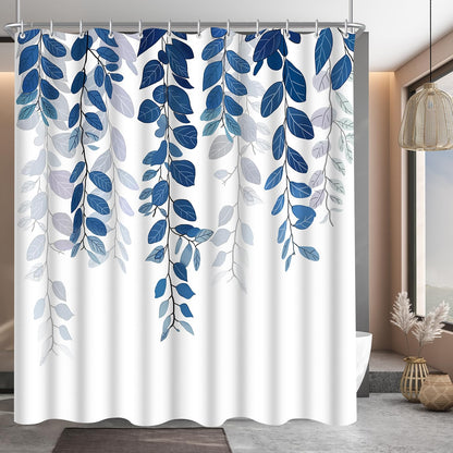 Lerores Shower Curtain, 180 x 160 cm, Blue Leaf, Weighted Hem, Anti-Mould Textile, Water-Repellent