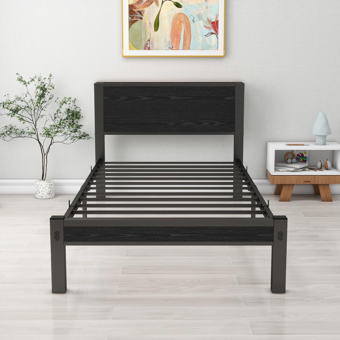 Rustic Single Bed Frame Wooden Storage Headboard Heavy Metal Base,Black