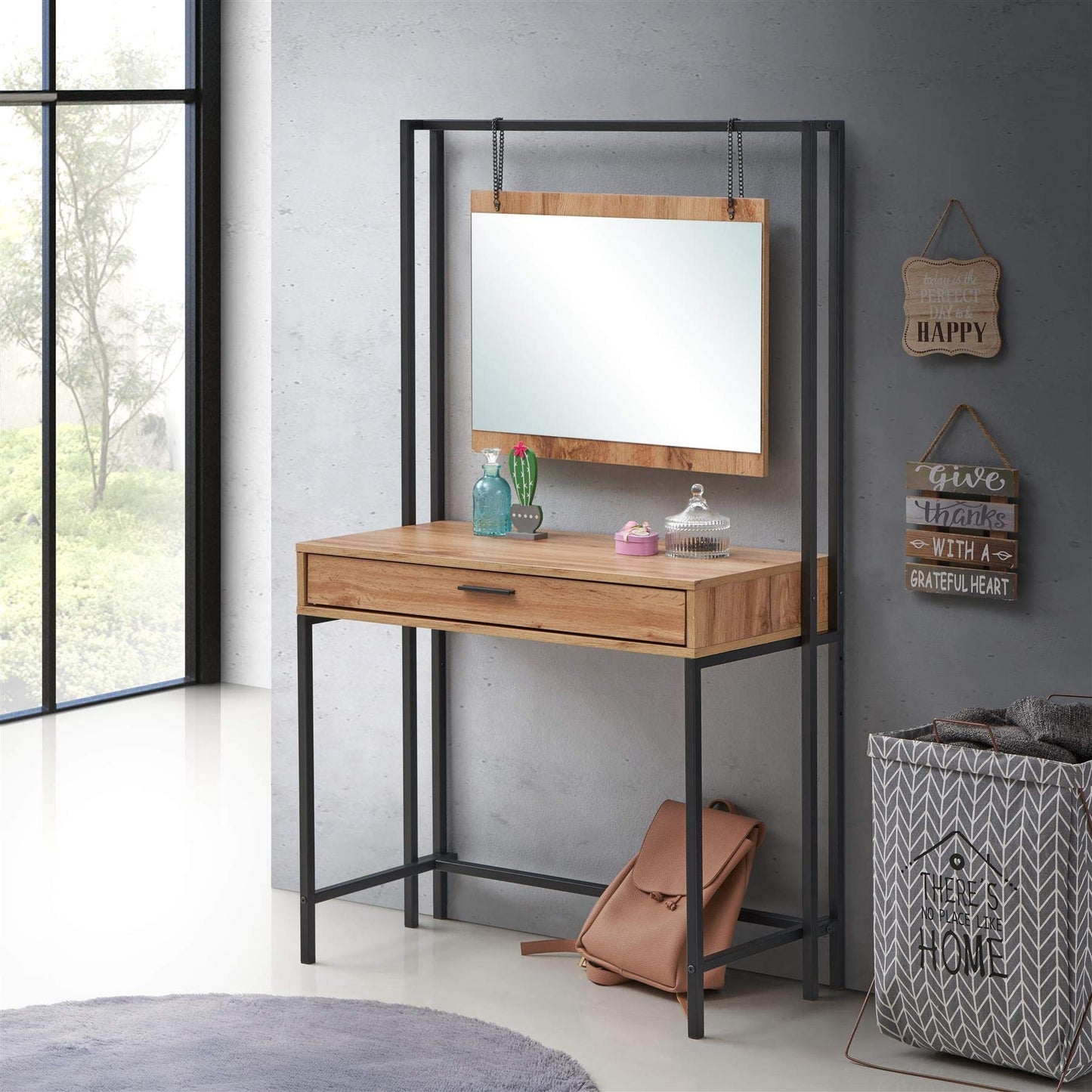 Timber Art Design UK Zahra Dressing Table Vanity Makeup Table Set with Mirror & Drawer Rustic Wotan Oak Effect Modern Furniture for Bedroom, Living