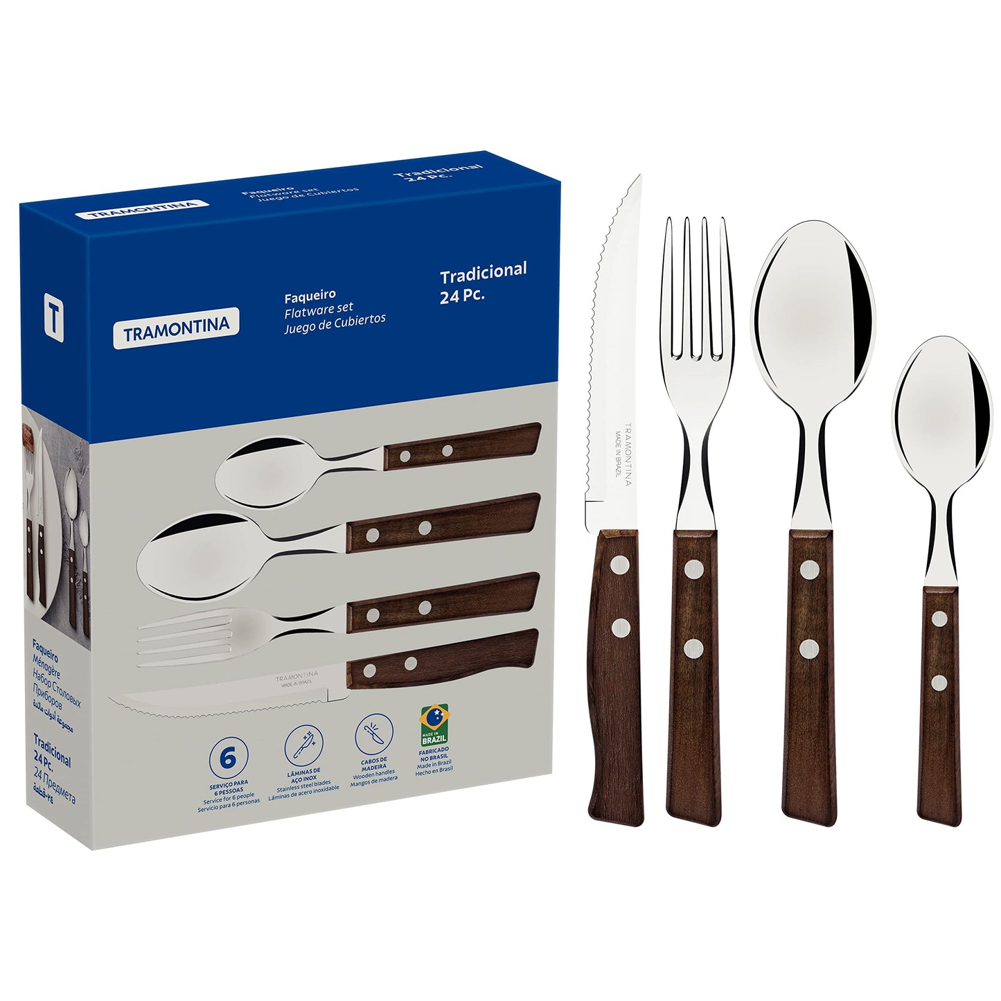 Tramontina Cutlery Set with Steak Knives, 24 Piece Sharp Knife, Forks, Teaspoons, Tablespoons with Wooden Handles, Camping, Kitchen, Rustic, 22299050