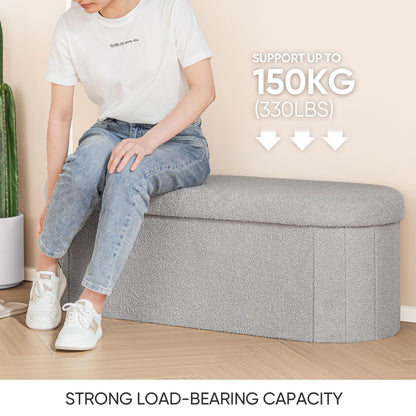 Bonlife Folding Ottoman Storage Bench,Boucle Footstool Oval, End of Bed Stool, Ideal for Living Room, Bedroom, 100L Storage Space,Grey
