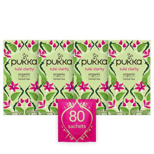 Pukka Herbs | Tulsi Clarity Organic Herbal Tea | Green, Purple and Lemon Tulsi| Perfect For Focusing | 4 packs | 80 Sachets