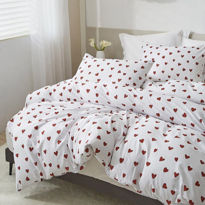 Ruccit Red Heart Duvet Cover Set Double 100% Cotton White Duvet Cover Lovely Heart Pattern 3pcs Modern Bedding Set with Zipper Closure Corner
