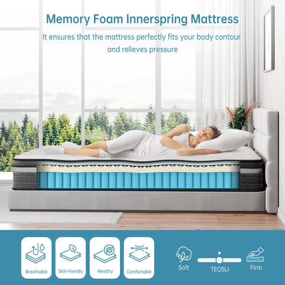 TeQsli Individually Pocket Sprung Double Mattress 4FT6 with Soft Fabric, 10 Inch Hybrid Mattress Double for Pressure & Back Pain Relief