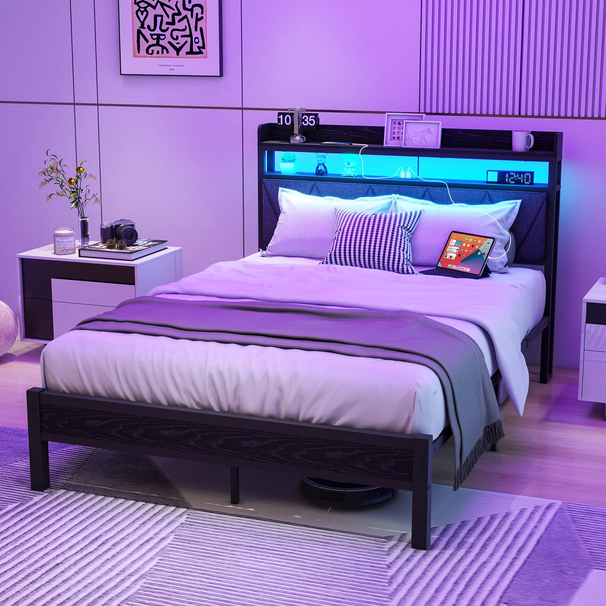 VERFARM 4ft6 Double Size Bed Frame with LED Lights Storage Upholstered Headboard and Charging Station, Solid Metal Platform Bed Double Size